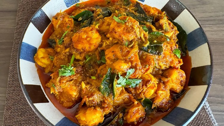 prawn masala on a serving bowl